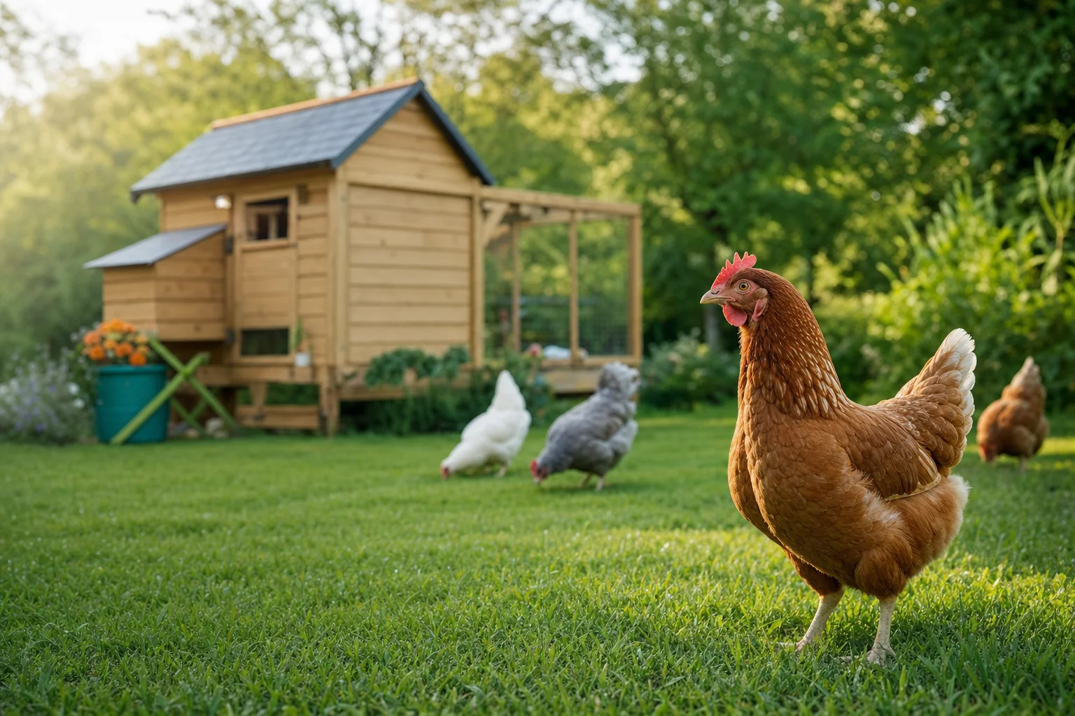Poule rousse devant un poulailler en bois de qualité - Élevage de poules pondeuses au jardin