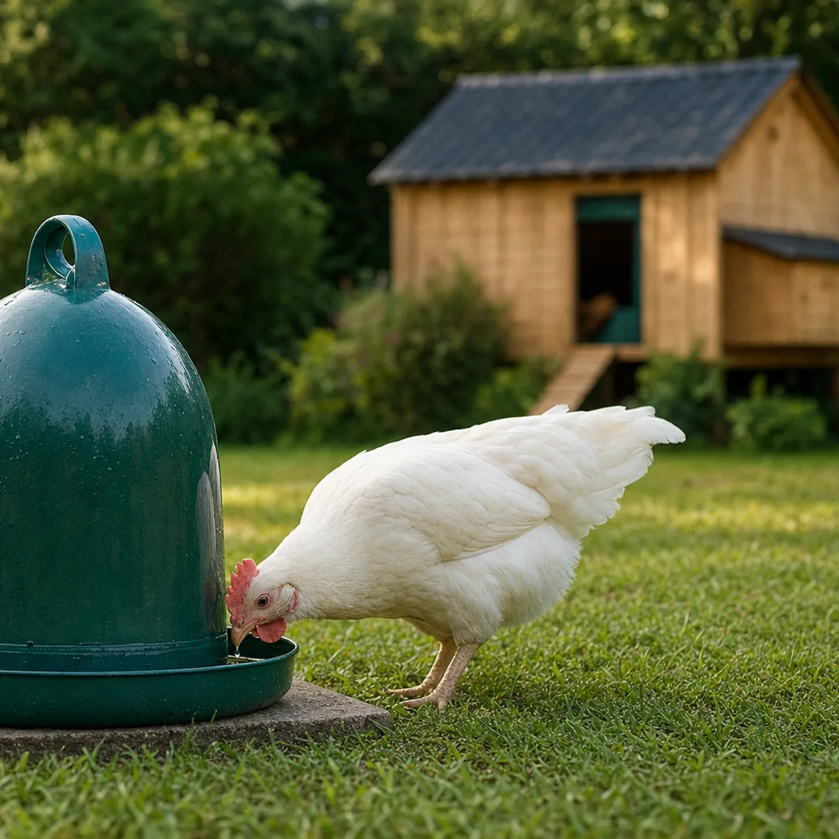 Une poule rousse et une poule blanche boivent à un abreuvoir siphoïde vert posé sur une dalle, devant un poulailler en bois