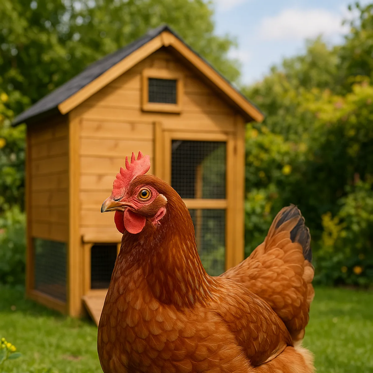 Une poule rousse de profil devant un poulailler en bois, dans un jardin