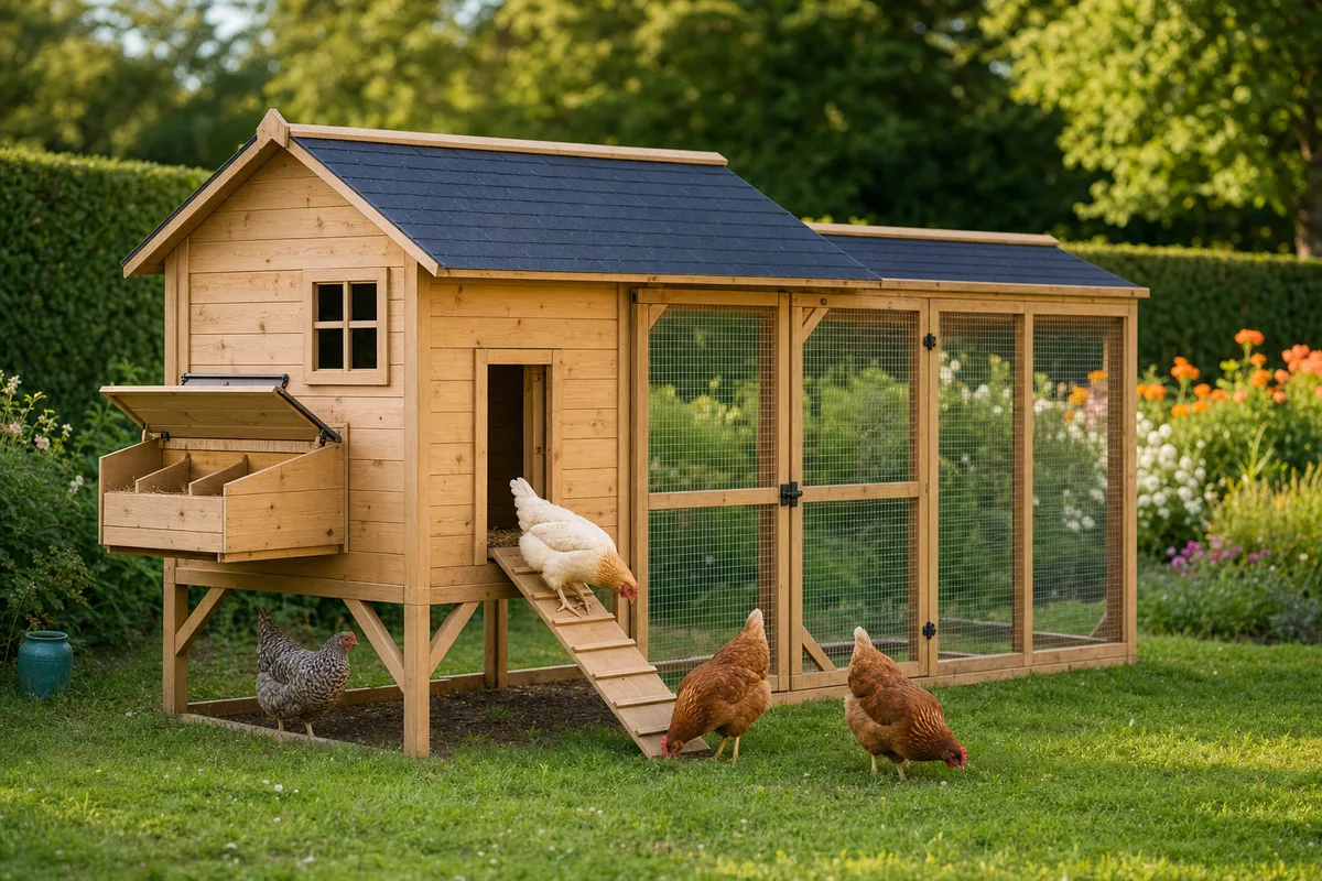 Poulailler en bois clair sur pilotis à toit d'ardoise, pondoir latéral au couvercle relevé sur deux casiers garnis de paille, enclos grillagé attenant ; une poule blanche descend la rampe, trois autres picorent autour