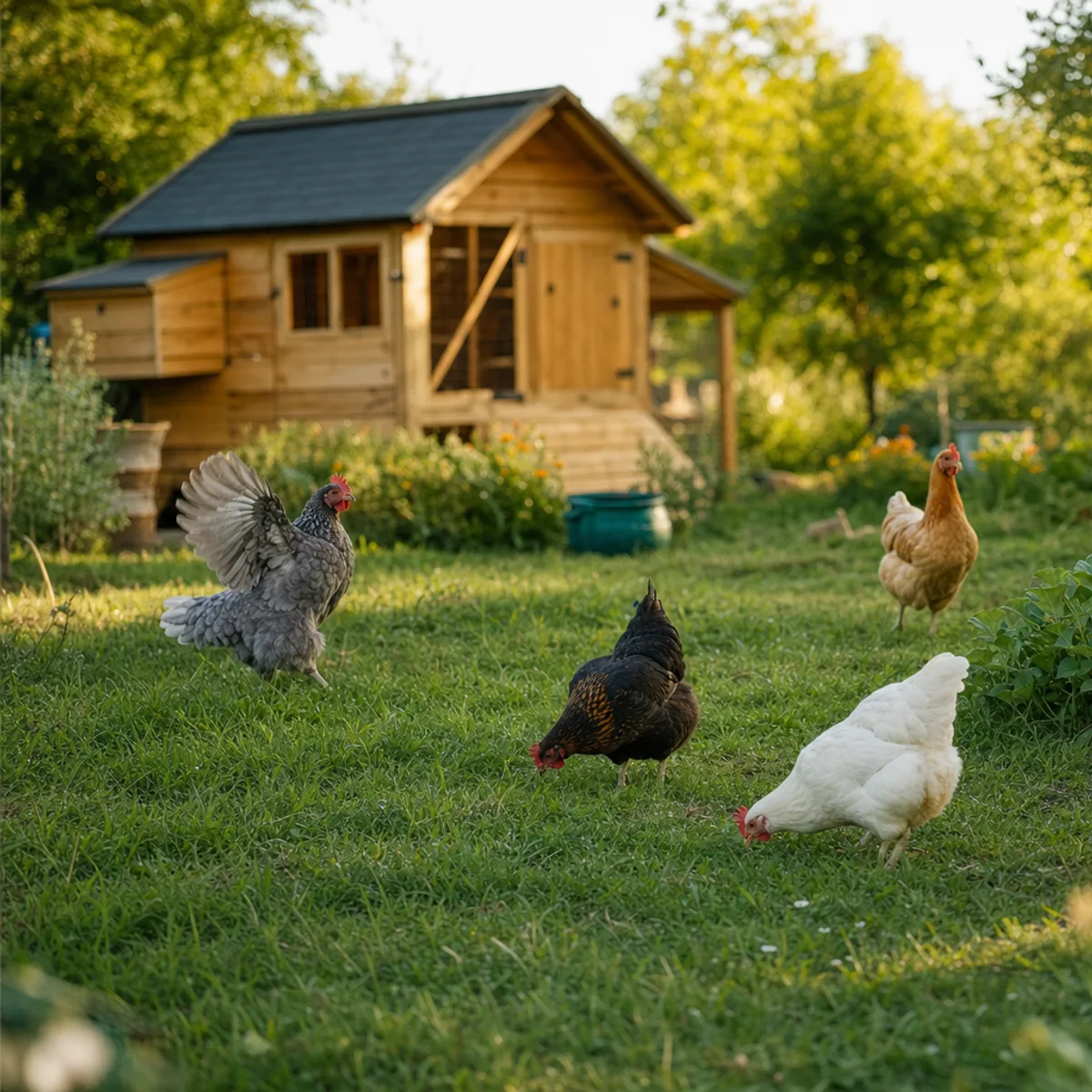 Six poules de robes variées picorent dans l’herbe devant un poulailler en bois, en fin de journée