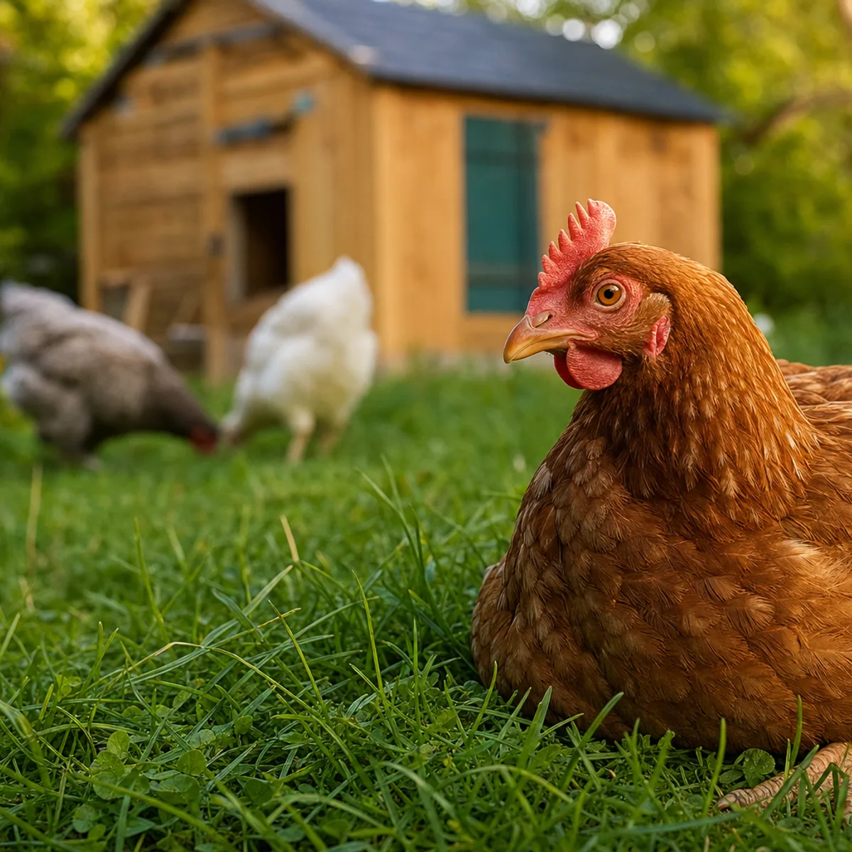 Une poule rousse couchée dans l’herbe au premier plan, deux autres poules et un poulailler en bois à l’arrière-plan