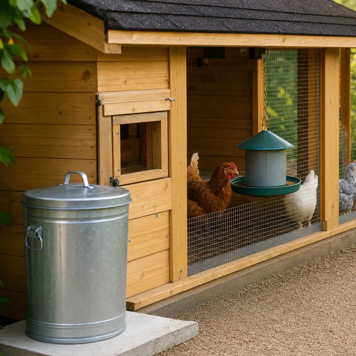 Une poubelle métallique fermée servant de réserve à grain, posée sur une dalle devant un poulailler en bois où picorent deux poules