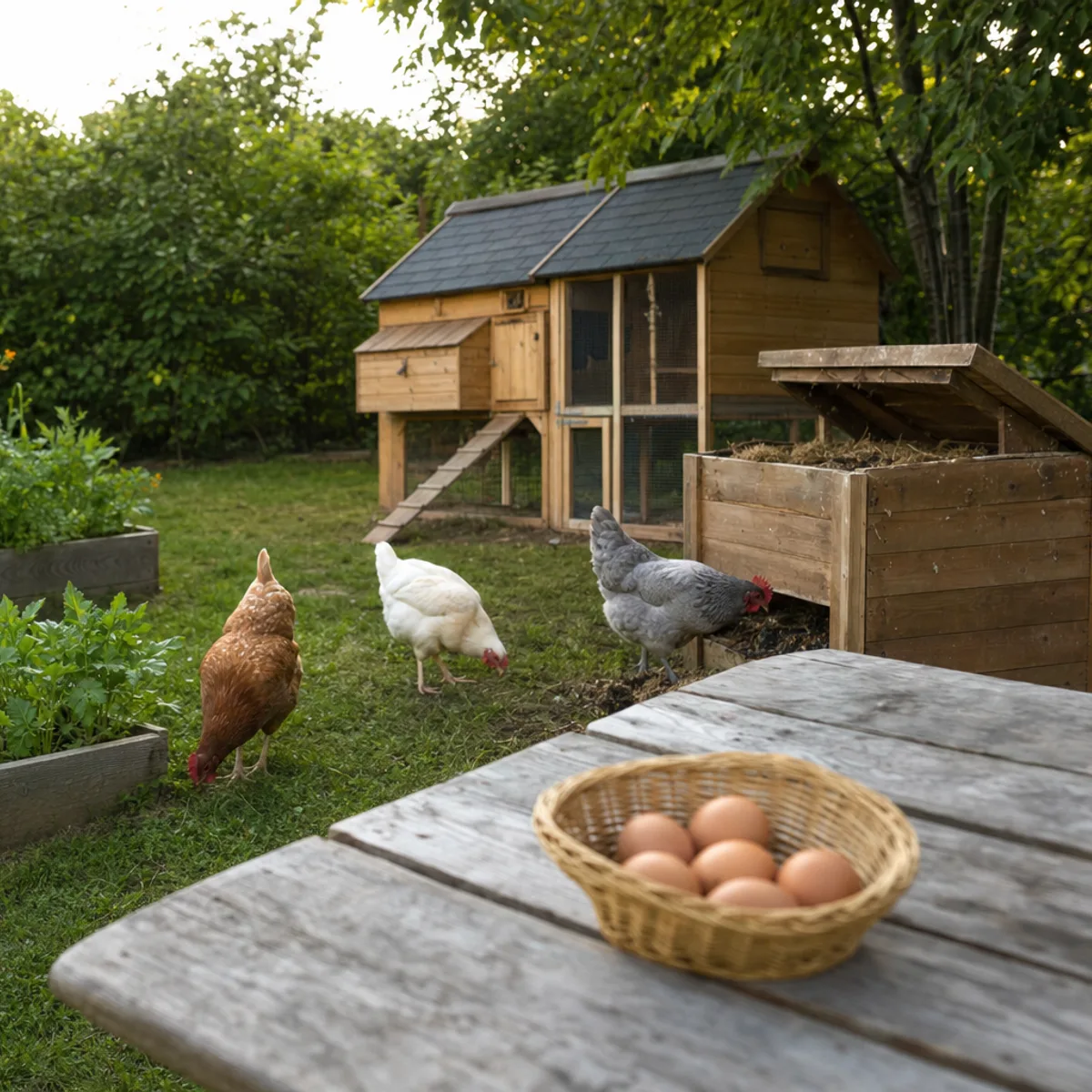 Trois poules picorant près d’un potager et d’un poulailler en bois, un panier d’œufs posé sur une table de jardin au premier plan
