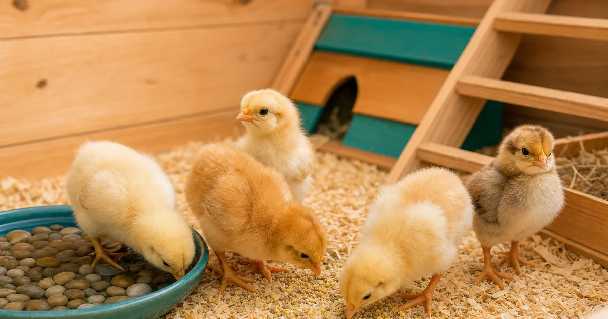 Cinq poussins sur une litière de copeaux dans une éleveuse en bois, l’un buvant à une coupelle turquoise remplie de cailloux