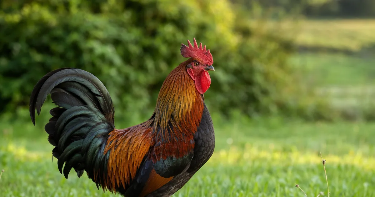 Un coq adulte au plumage noir et cuivré, crête rouge intacte, debout dans l’herbe d’un pré devant une haie
