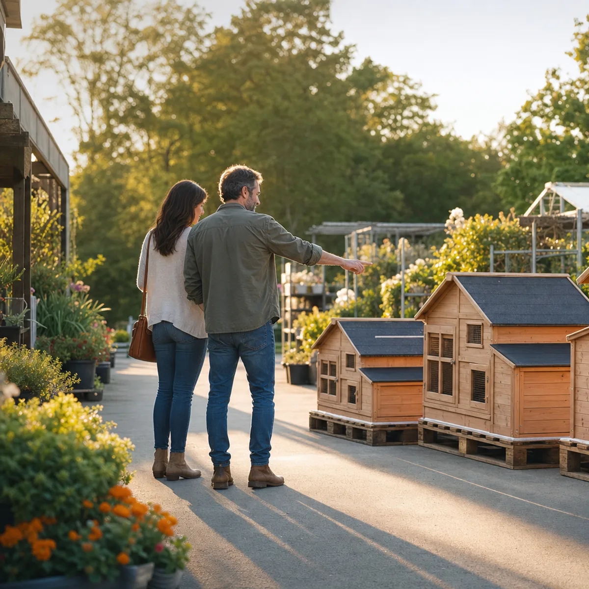 Un couple examine trois poulaillers en bois de tailles différentes exposés dans l’allée d’une jardinerie