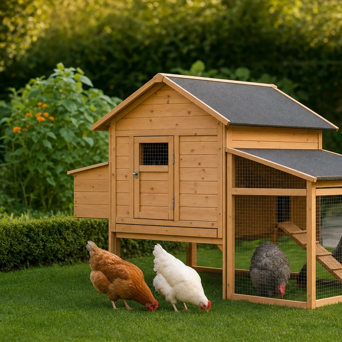 Un petit poulailler en bois surélevé avec son enclos grillagé, installé dans un jardin de ville, trois poules picorant devant