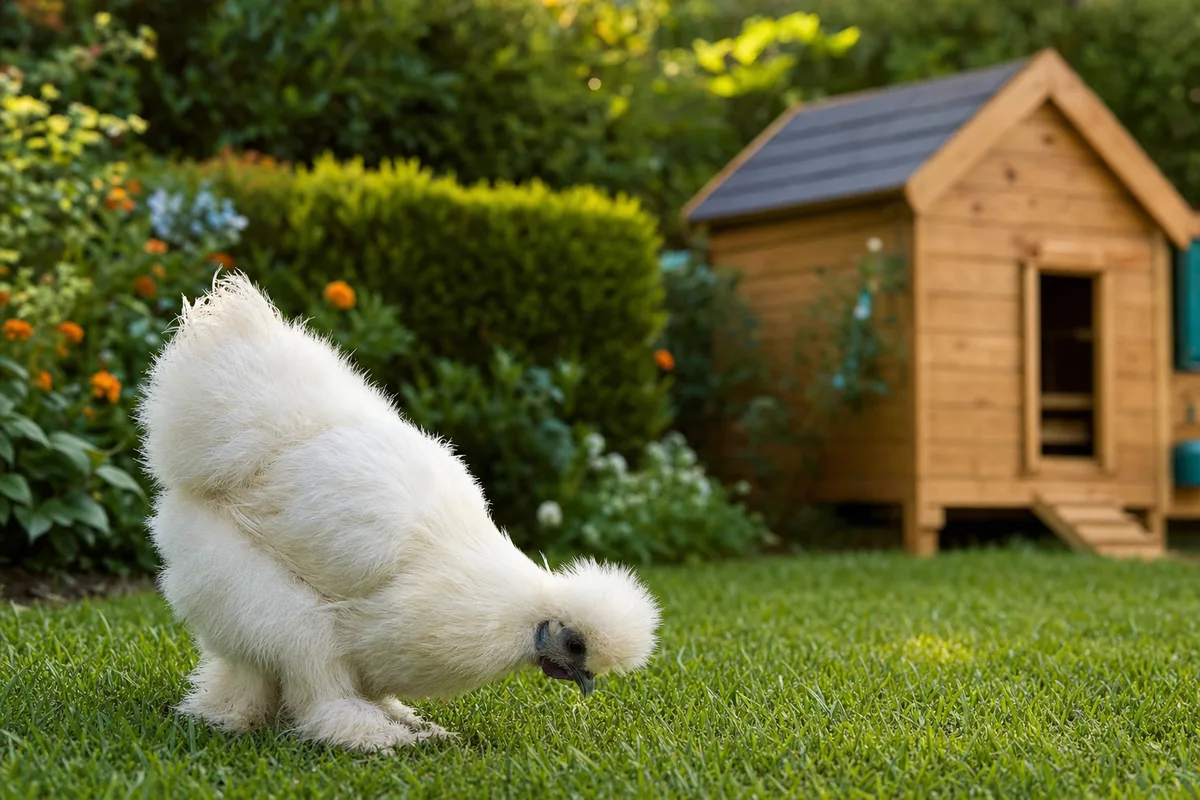 Une poule Soie blanche au plumage duveteux picore dans l'herbe d'un jardin, devant un poulailler en bois clair à toiture ardoise