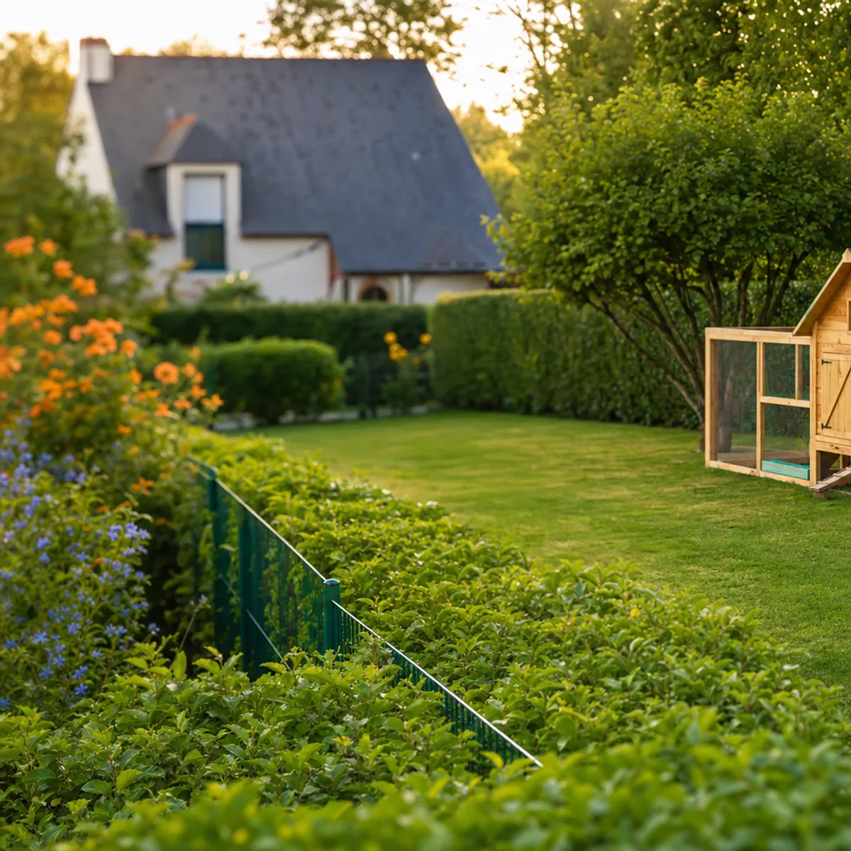 Un jardin pavillonnaire clôturé, avec un poulailler en bois au fond contre la haie et la maison voisine derrière