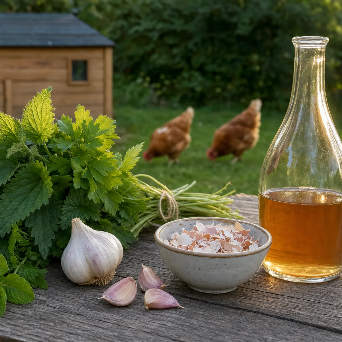 Un bouquet d’orties, une tête d’ail, un bol de coquilles concassées et une carafe de vinaigre sur une table de jardin, deux poules en arrière-plan