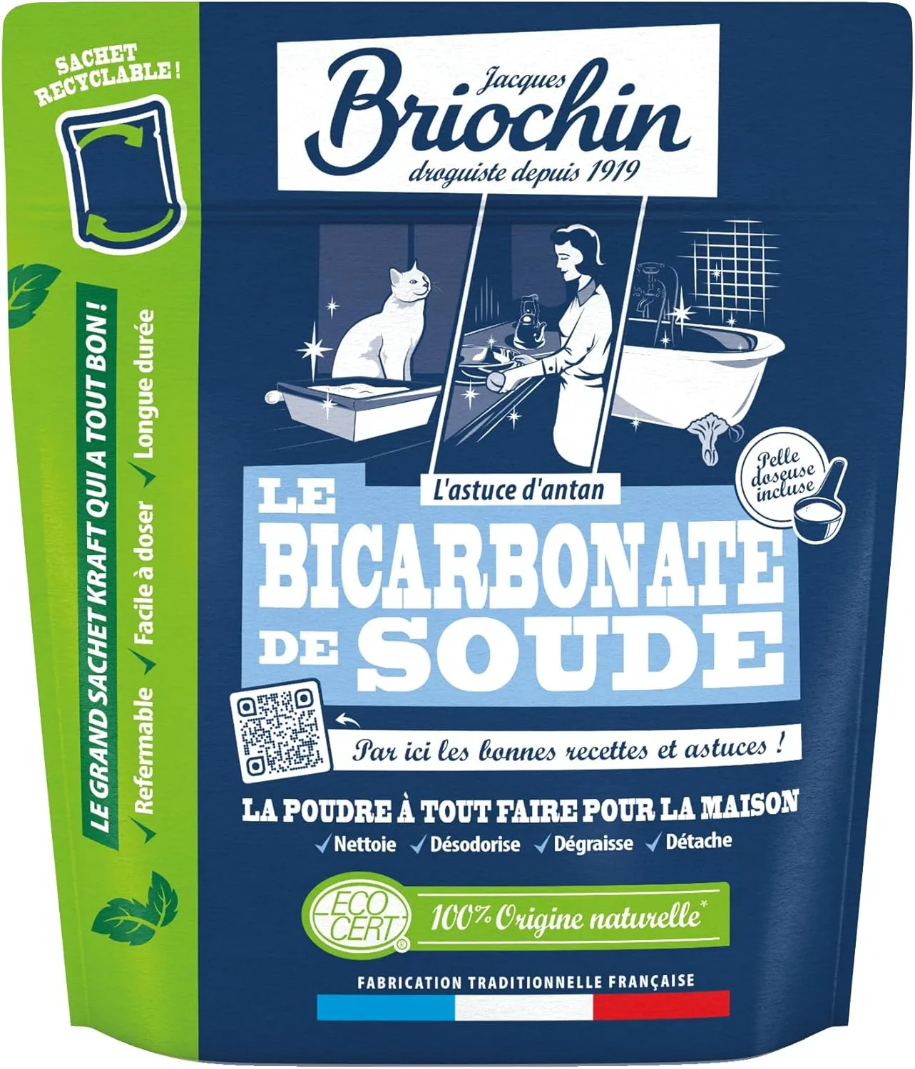 Jacques Briochin Bicarbonate de Soude en Poudre ECOCERT 900g Maxi Format - Nettoyant Multi Surface Naturel, Anti Mauvaises Odeurs - Sachet Refermable ,L'emballage peut varier