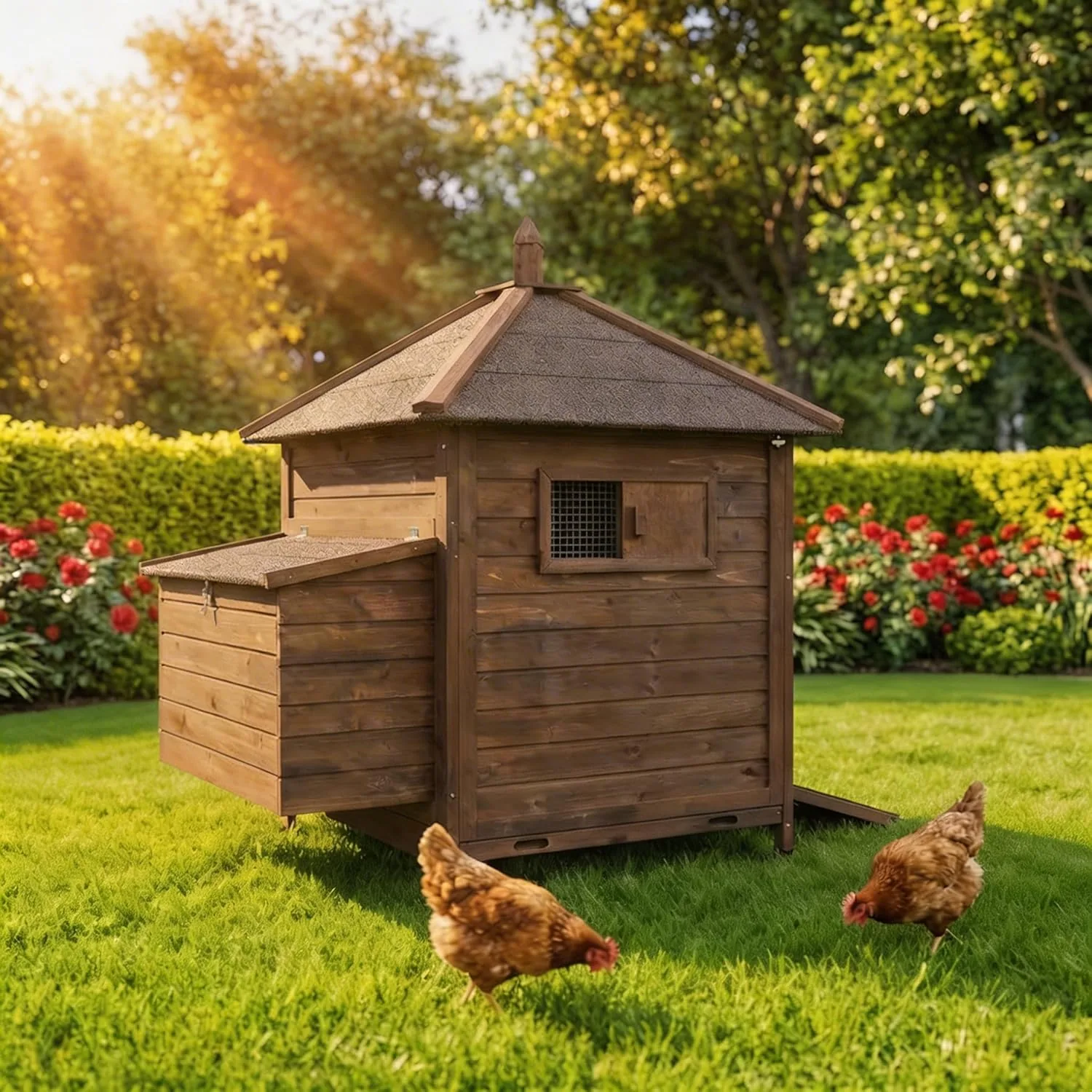 Miweba MyAnimal Poulailler MH-11 avec pondoir | pour 3 Poules - Nichoir séparé - 2 perchoirs - Résistant à l'hiver - Maison pour Poules - Bois de pin - Volière - Trappe (Marron foncé)