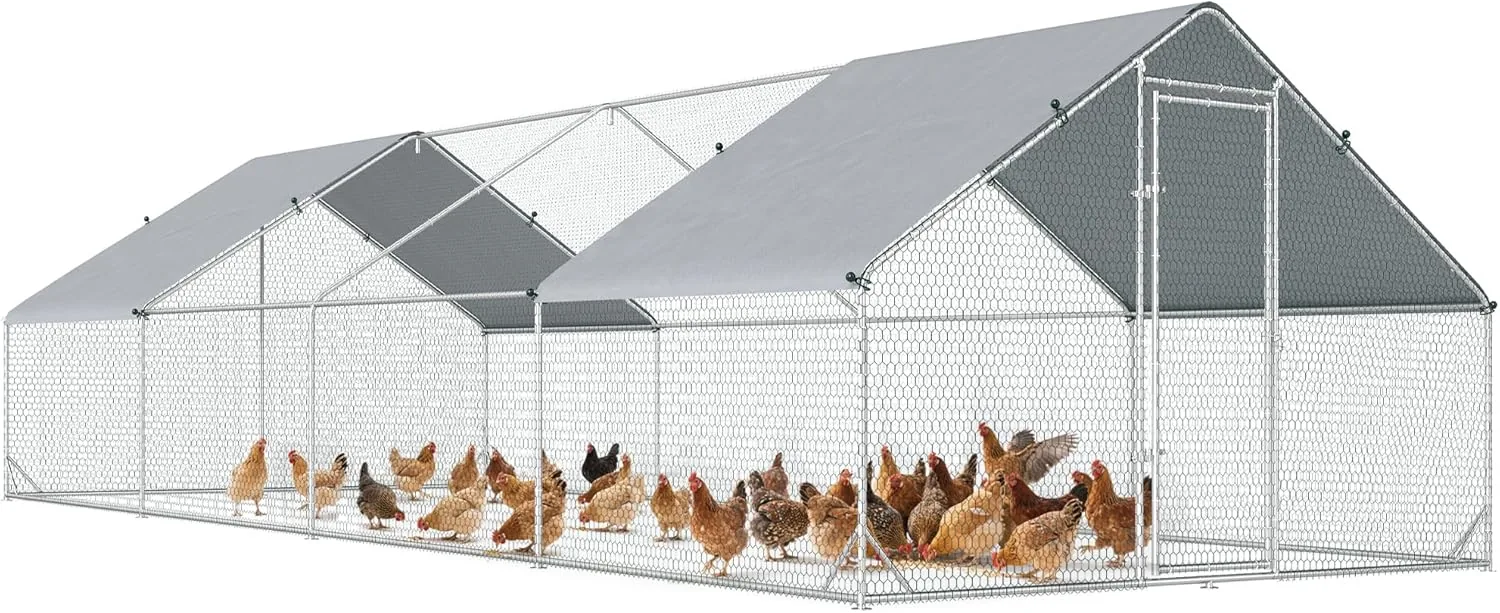 PawHut Enclos poulailler chenil volière extérieur 24 m² - Parc grillagé dim. 3L x 8l x 2H m - Espace Couvert - Acier galvanisé