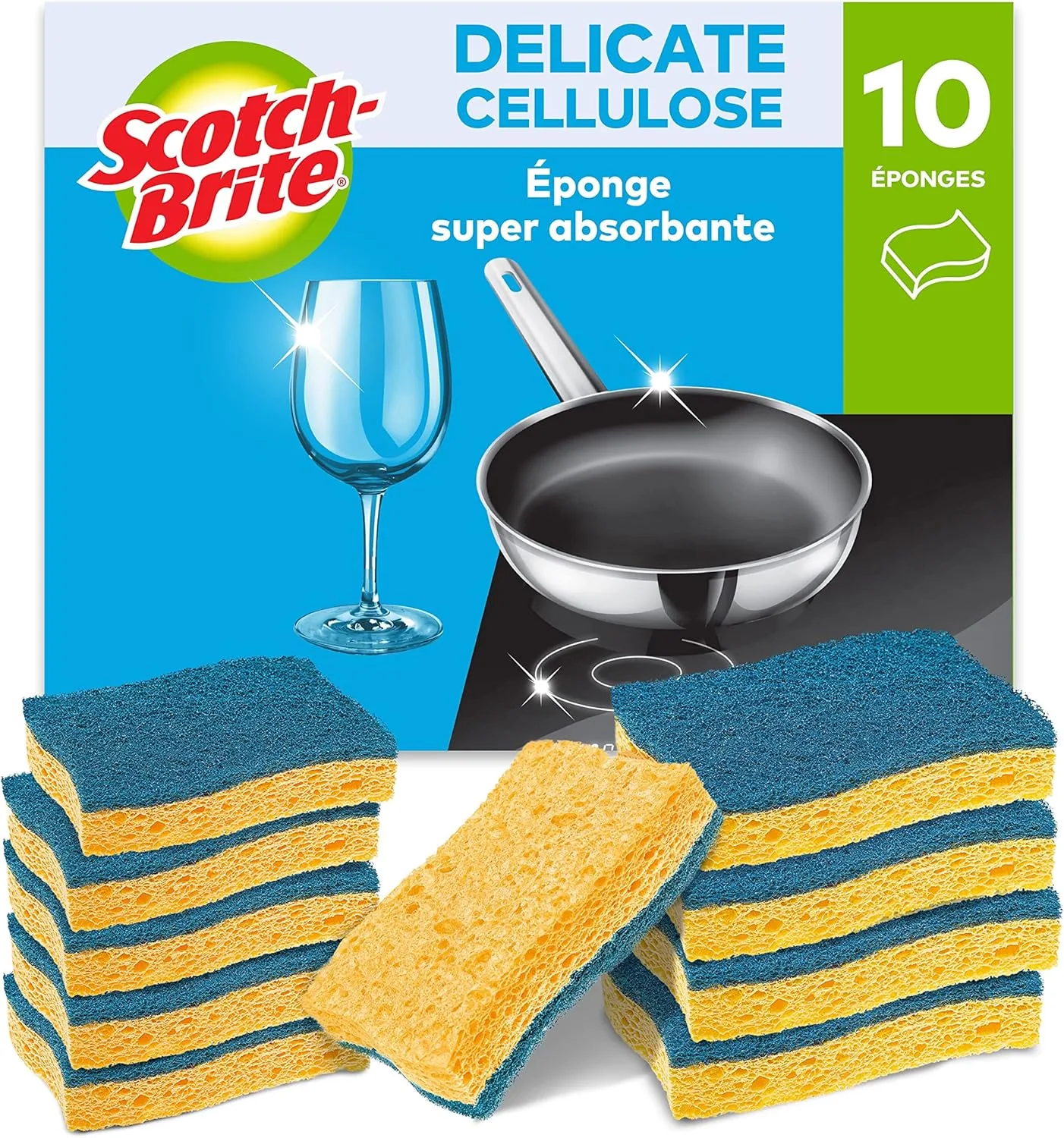 Scotch-Brite Delicate Éponge à Récurer en Cellulose non Rayante , 10 Pièces - Tampon à Récurer Très Absorbant Indiqué pour les Tâches de Nettoyage Quotidiennes, Bleu - Anti-rayures